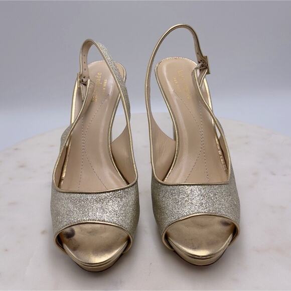 Kate Spade NY Gold Glitter Slingback Pumps 8 Open Toe Holiday Party Heels - Picture 4 of 11